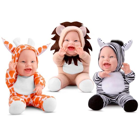 Imagem de Coleção 3 Bonecas Bebês Babilina Bichinhos Girafa Leão Zebra Tecido e Vinil Bambola