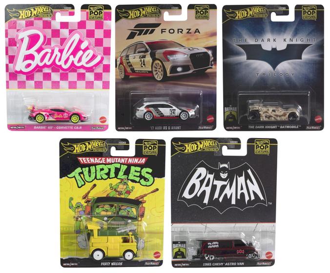 Imagem de Coleção com 5 Miniaturas Cultura Pop - Batman, Barbie, Forza e Turtles - Mix 5 2024 - 1/64 - Hot Wheels Premium