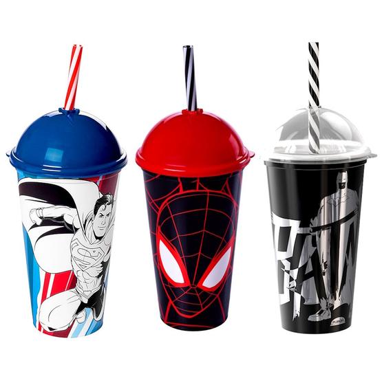 Imagem de Coleção Copo Shake com Canudo Super Heróis Super Homem Aranha e Batman