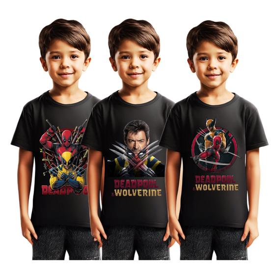 Imagem de Coleção Rubberprint 3 Camisas Deadpool Wolverine Infantil 100% Algodão Estampa em Alta Definição