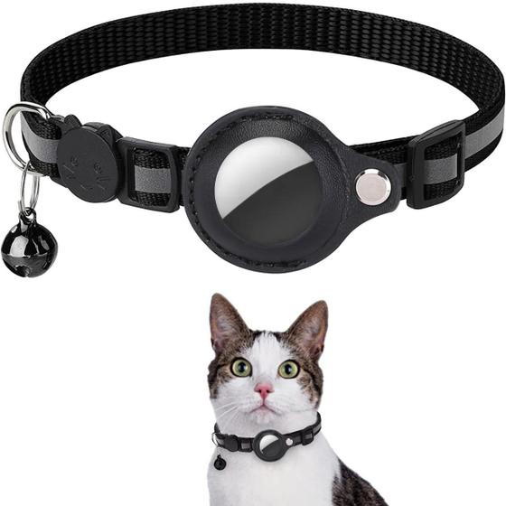 Imagem de Coleira para GATO pet com suporte para Airtag, GPS ou rastreador (itens não inclusos), refletiva e ajustável com sino guizo