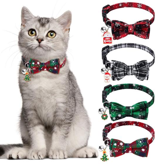 Imagem de Coleiras de Natal para Gatos Vellibring - Pacote com 4, Ajustáveis com Gravata Borboleta