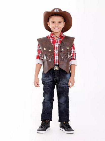 Imagem de Colete Cowboy E Chapeu Infantil Unissex, Country Kit 2 Peças Marrom
