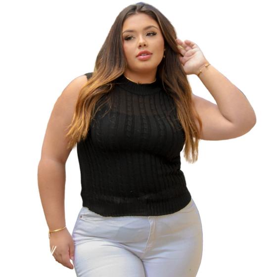 Imagem de Colete feminino de tricô curto gola alta redonda com desenhos toque fino regata lã de frio social sueter casual sem mangas gola fechada 36 ao 44