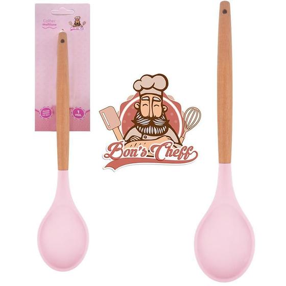 Imagem de Colher Arroz Silicone Rosa Cabo Madeira Bons Cheff 31X6,5Cm