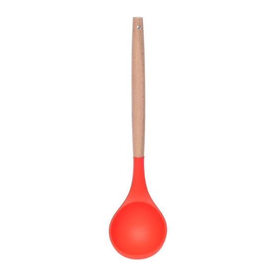 Imagem de Colher Arroz Vermelho Silicone Cabo Bambu Cozinha Multiuso