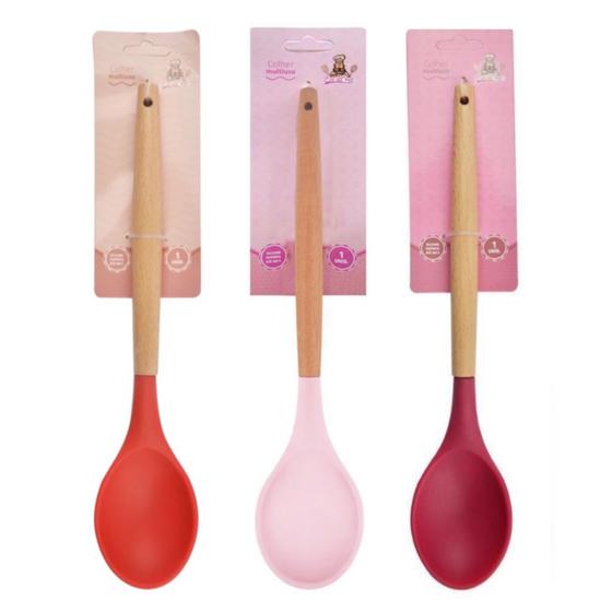 Imagem de Colher de silicone com cabo de madeira vermelho, rosa ou vinho multiuso para cozinha - bon's cheff