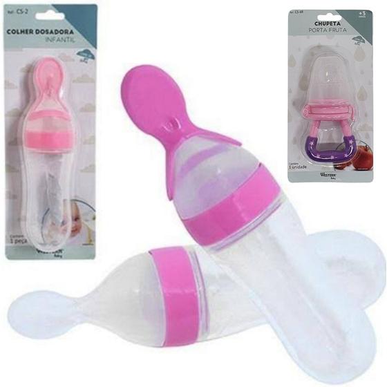 Imagem de Colher Dosadora Papinha do bebê + Chupeta alimentadora Mordedor Com bico de Silicone Rosa