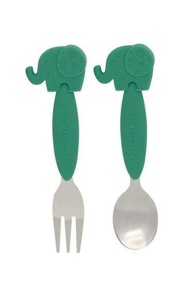 Imagem de Colher E Garfo Cabo Silicone Elefante Verde- Marcus & Marcus