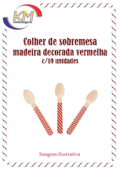 Imagem de Colher sobremesa madeira decorada vermelha c/10 unid - ovo de colher, biodegradável (3835)