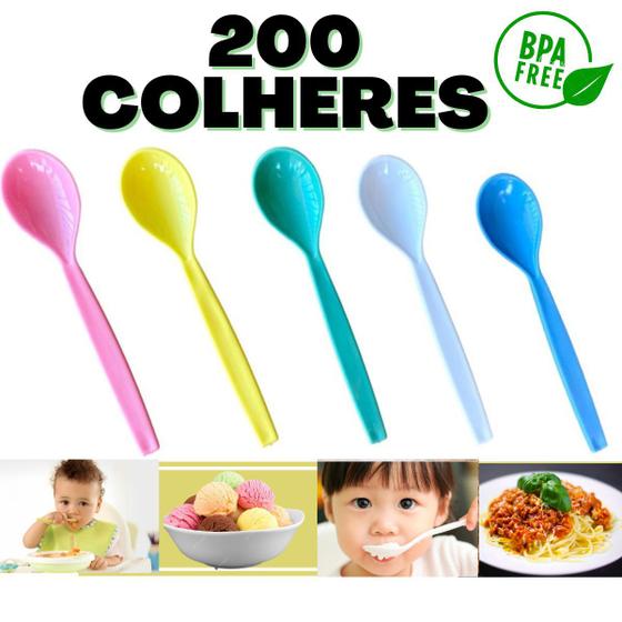 Imagem de colher sobremesa refeição kit merenda cabo reforçado merenda sorvete açai escola treinamento 200pçs 