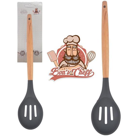 Imagem de Colher Vada Silicone Grafite Cabo Madeira Bons Cheff