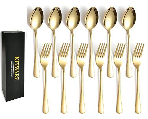 Imagem de Colheres e Garfos de Ouro Silverware Set, Kitware 12 Peças Stylist Colorido Aço Inoxidável Talheres Serviço de Talheres para 6, Home Kitchen Utensil Sets para Restaurante, hotel, viagem, ao ar livre, churrasco