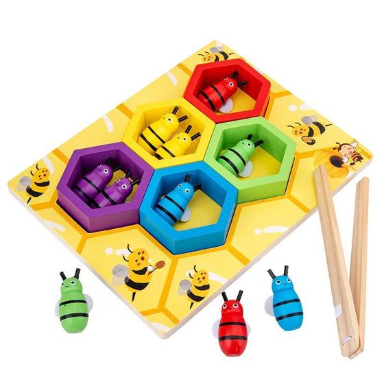 Imagem de Colmeia de Madeira Educativa para Bebês - Brinquedo de Classificação de Cores e Formas
