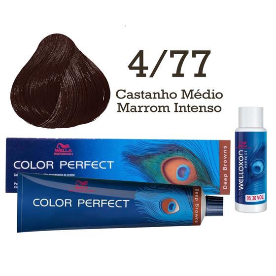 Imagem de Coloração Color Perfect 4/77 Castanho Médio Marrom Intenso + Emulsão Oxi 30 Welloxon  Wella