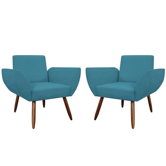 Imagem de Combo 02 Poltronas Decorativas Flora Pés Palito Suede Azul Turquesa - DS Estofados