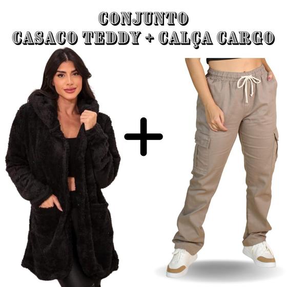 Imagem de Combo 1 Calça Cargo Feminina Boca Larga + Casaco Feminino Teddy Pelinho