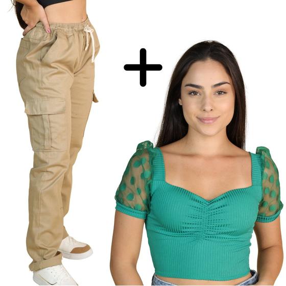 Imagem de Combo 1 Calça Masculina Cargo Boca Larga Com Elástico + 1 Cropped Feminino Manga Bufante Tule Poá Com Bojo