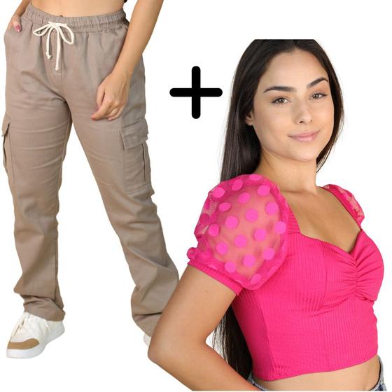 Imagem de Combo 1 Calça Masculina Cargo Boca Larga Com Elástico + 1 Cropped Feminino Manga Bufante Tule Poá Com Bojo