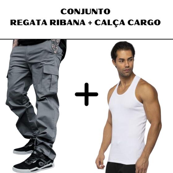 Imagem de Combo 1 Calça Masculina Cargo Boca Larga Com Elástico + 1 Regata Masculina Canelada Ribana Estilo Americana