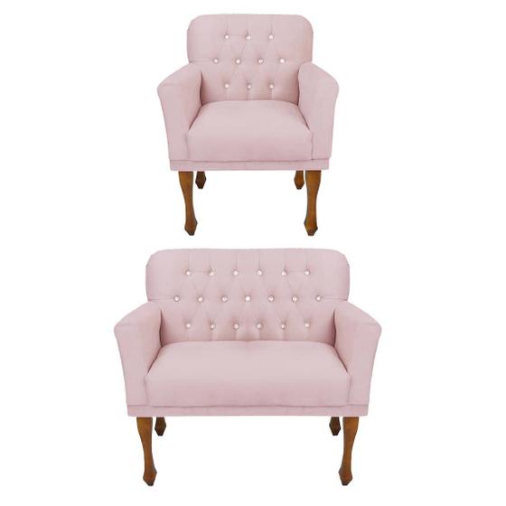 Imagem de Combo 1 Poltrona e Namoradeira Estofada Para Sala de Visitas Anitta Corano Rosa Bebe LM DECOR