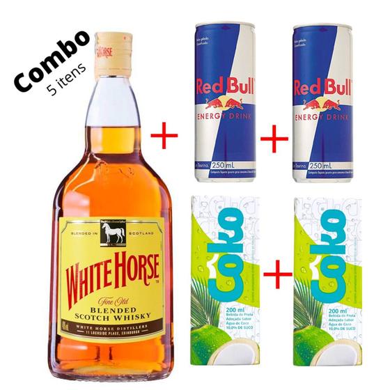 Combo 1 Whisky White Horse Cavalo Branco com 2 energéticos e 2 gelo de coco 700ml Menor preço em Combo 1 Whisky White Horse Cavalo Branco com 2 energéticos e 2 gelo de coco 700ml