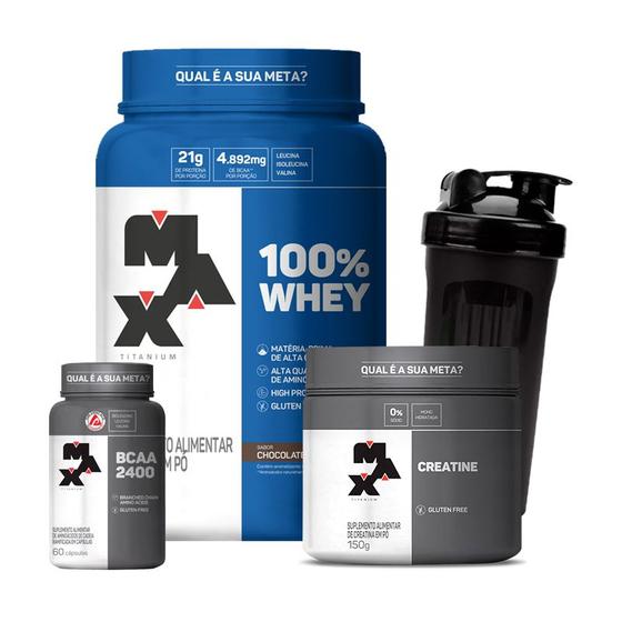 Imagem de Combo 100% Whey 900g, BCAA 60 Cápsulas, Creatina Monohidratada 150g e Coqueteleira 700mL - Max Titanium