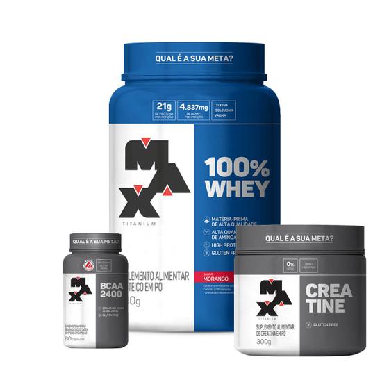 Imagem de Combo 100% Whey 900g, Creatina Monohidratada 300g e Bcaa 60caps - Max Titanium