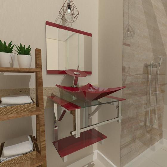 Imagem de Combo 2 em 1 gabinete de vidro 45cm iq inox com cuba quadrada + torneira ibiza - vermelho cereja