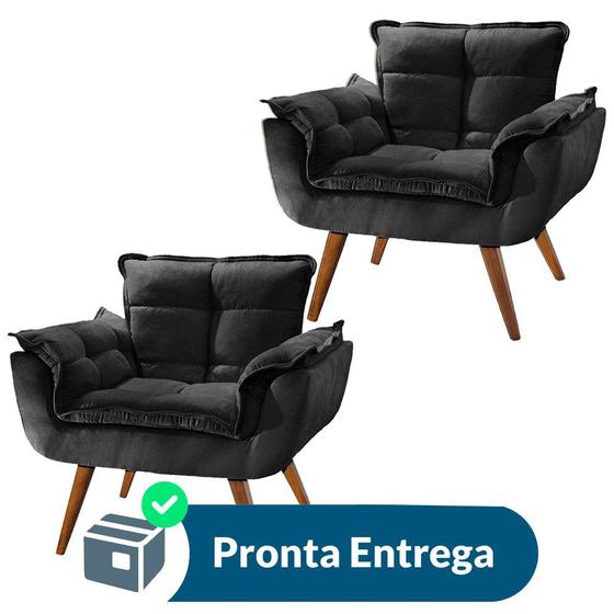 Imagem de Combo 2 Poltronas Decorativas Opala com Pés Palito  Madeira Suede Preto