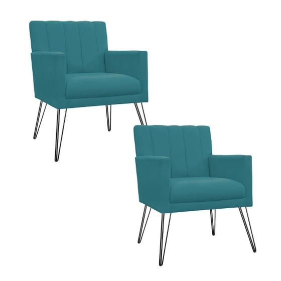 Imagem de Combo 2 Poltronas Estofadas Para Consultório Pés de Ferro Cecília Suede Azul Turquesa - INCASA DECOR