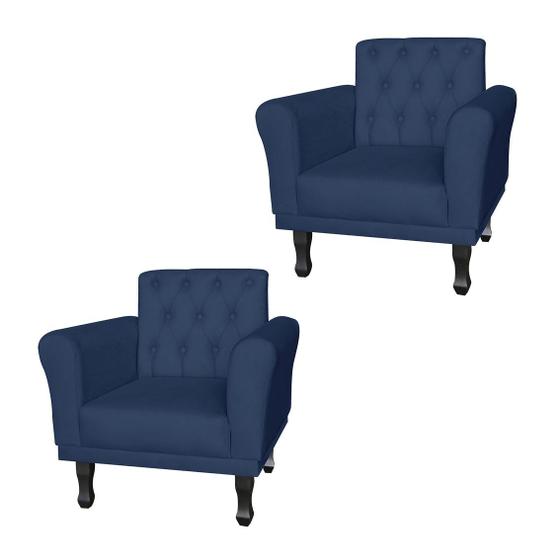 Imagem de Combo 2 Poltronas Estofadas Para Hall de Entrada Classic Suede Azul Marinho - DL Decor