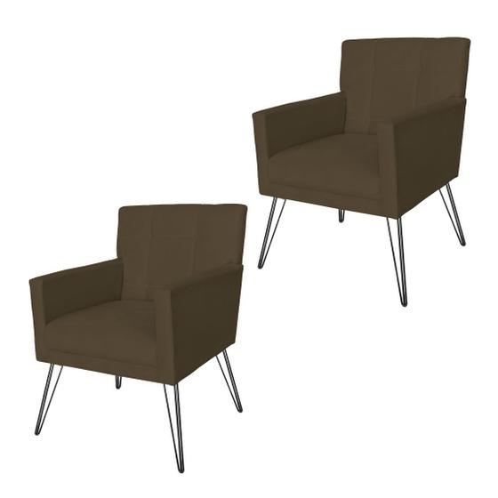 Imagem de Combo 2 Poltronas Estofadas Para Recepção Pés de Ferro Luiza Suede Marrom - DL Decor