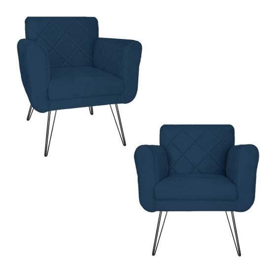 Imagem de Combo 2 Poltronas Estofadas Sala Comercial Pés de Ferro Isabella Suede Azul Marinho - DL Decor