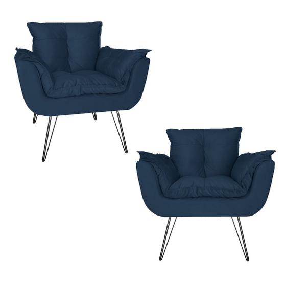 Imagem de Combo 2 Poltronas Estofadas Sala Comercial Pés de Ferro Opala Suede Azul Marinho - DL Decor