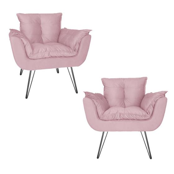 Imagem de Combo 2 Poltronas Estofadas Sala Comercial Pés de Ferro Opala Suede Rosa Bebe - LM DECOR