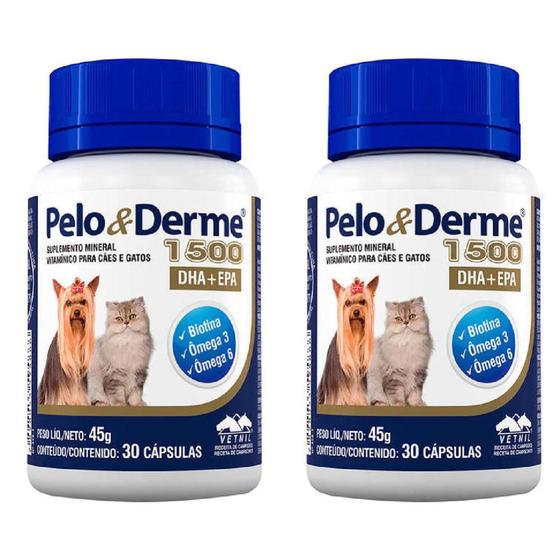 Imagem de Combo 2 Unidades Pelo e Derme 1500 mg 30 comp. Suplemento Cães e Gatos - Vetnil