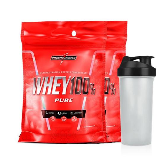 Imagem de Combo 2x Whey Protein 100% Pure Nutri Concentrado Morango 900g Refil + Coqueteleira - Integralmédica