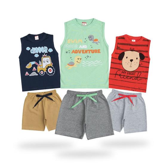 Imagem de Combo 3 Conjuntos de Roupa Regatas Infantil Masculina com Short Moletinho liso