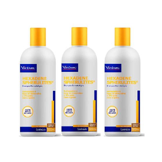 Imagem de Combo 3 unidades Shampoo Dermatológico Virbac Hexadene Spherulites para Cães e Gatos - 500 ml