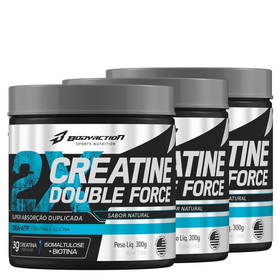 Imagem de Combo 3x Creatine Double Force 300g Cada Total 900g Creatina Monohidratada Bodyaction