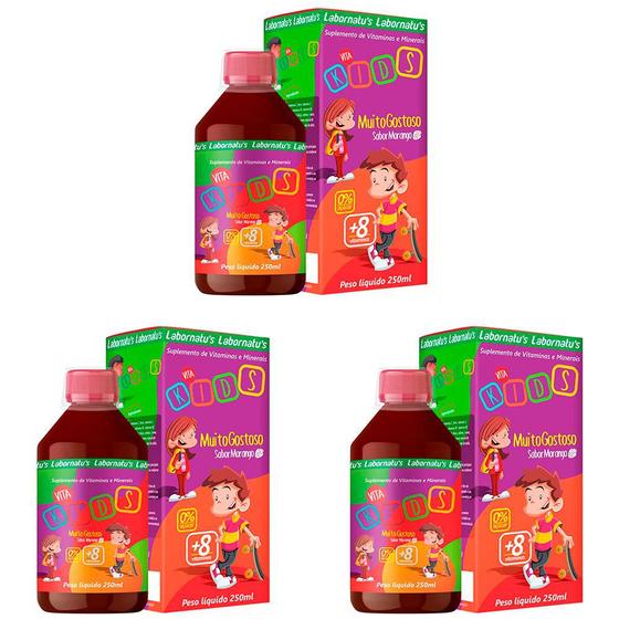 Imagem de Combo 3x Vita Kids Labornatus 250ml Muito Gostoso Sabor Morango Sem açúcar