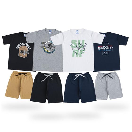 Imagem de Combo 8 Roupa Juvenil de Verão Masculino 4 Blusas + 4 Short Moletinho Atacado