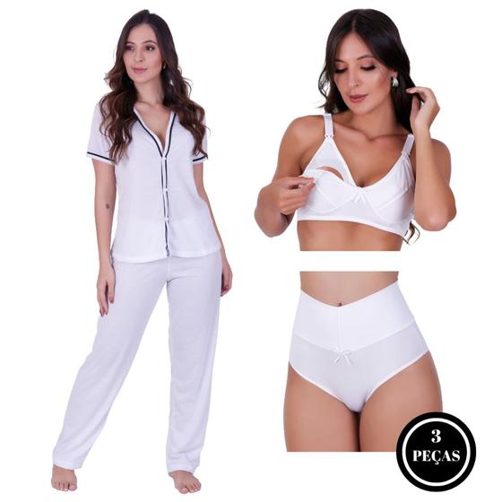 Imagem de Combo Amamentação Pijama com Botões Calça- c17 Vanessa + Sutiã URSULA+ Calcinha Pós Parto THAMIRES