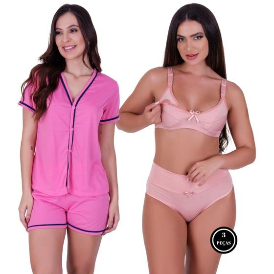 Imagem de Combo Amamentação Pijama Sabrina com Botões Sutiã com Clique e Calcinha Pós Parto- c17 COMBO SABRINA