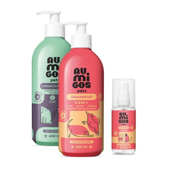 Imagem de Combo Au.Migos Pets: Shampoo 5 em 1 400ml + Condicionador 400ml + Colônia 60ml