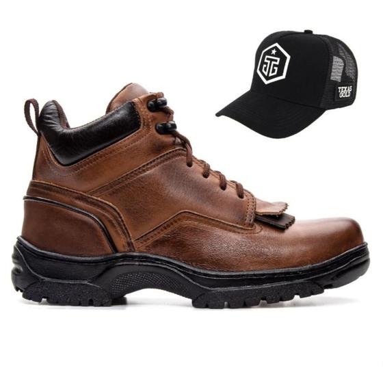 Imagem de Combo Bota Coturno Classico Couro Texas Gold Franja Removível Caramelo com Boné Trucker