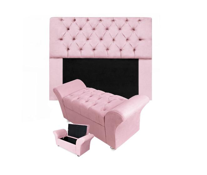 Imagem de Combo Cabeceira Mirage e Calçadeira Baú Veneza King 195 cm Suede Rosa Bebe - DL Decor