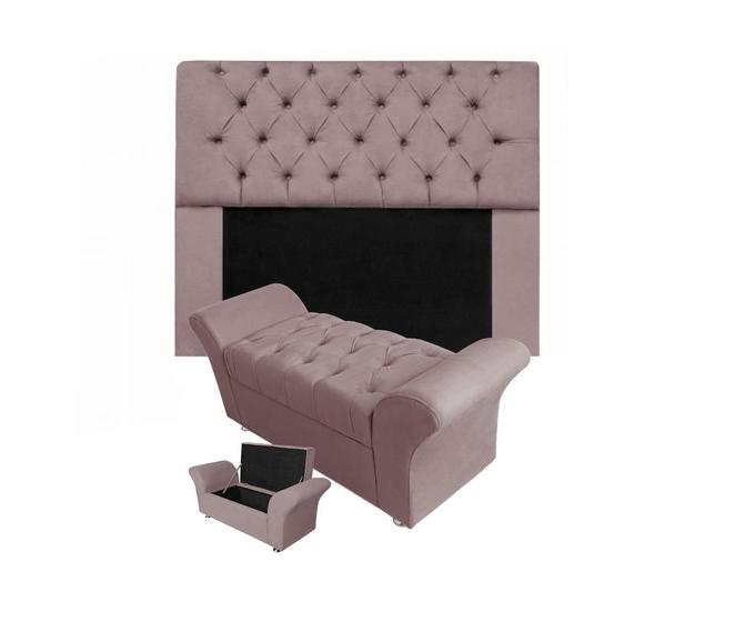 Imagem de Combo Cabeceira Mirage e Calçadeira Baú Veneza King 195 cm Suede Rose - DL Decor