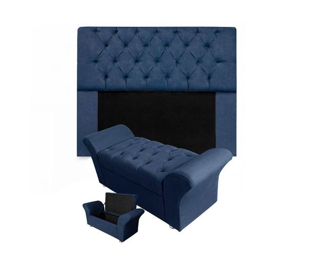 Imagem de Combo Cabeceira Mirage e Calçadeira Baú Veneza Queen 160 cm Suede Azul Marinho - DL Decor